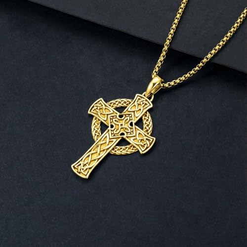 Celtic Cross Necklace For Men ，18K Gold Plated Celtic Cross Celtic Amulet Necklace Protection Jewelry Religious Gifts with 2.5mm 22"+2" Adjustable Rolo Chain - style: style4