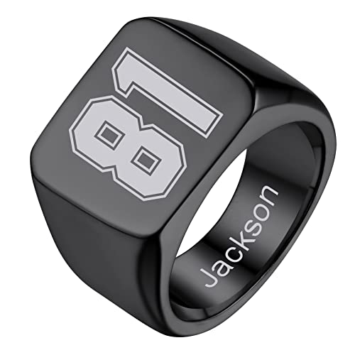 GoldChic Jewelry Personalized Signet Rings Men Women, Stainless Steel Custom Photo Bold Square/Oval Monogram/Old English Initial Pinky Stacking Statement Ring in Black/Silver/Gold (Size 7-14) - color: Black-Number -Square