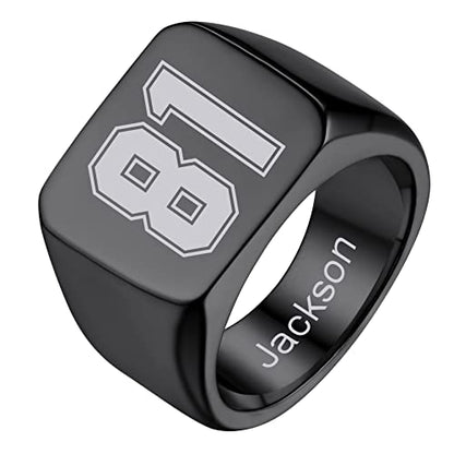 GoldChic Jewelry Personalized Signet Rings Men Women, Stainless Steel Custom Photo Bold Square/Oval Monogram/Old English Initial Pinky Stacking Statement Ring in Black/Silver/Gold (Size 7-14) - color: Black-Number -Square