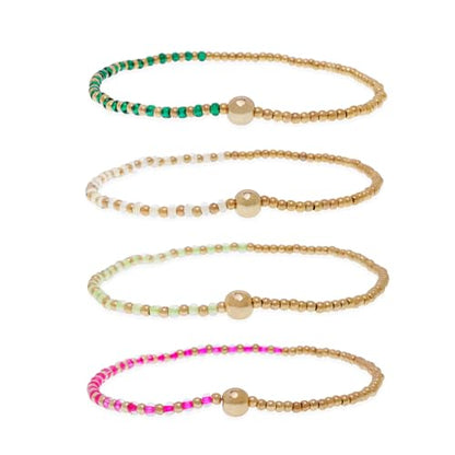 Gold Beaded Stackable Friendship Bracelets Set for Women, Handmade Boho Stretch Summer Jewelry Gift. - color: gold green fuchsia white