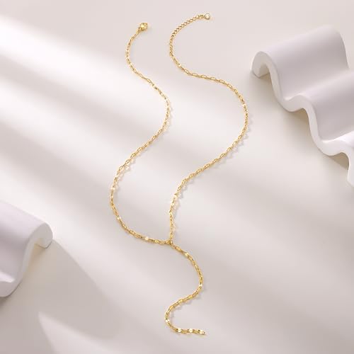 Foxgirl Long Gold Necklace for Women- Dainty 14k Gold Plated Drop Lariat Necklace Layered Simple CZ Y-Shaped Body Chain Stack Wedding Necklace Trendy | Dainty Long Drop Chain, Minimalist Y-Shaped Design for Layering, Everyday Wear and Wedding Looks