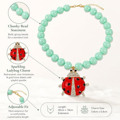 Long tiantian Large Bead Ladybug Necklace for Women Chunky Statement Necklace Red Ladybug Lucky Charm Jewelry Gift