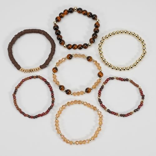 7Pcs Bohemia Multilayer Stackable Crystal Beaded Bracelet Set Multicolor Surfer Heishi Clay Gold Beaded Friendship Stretch Bracelets for Women Men Summer Beach Boho Vacation Jewelry Gifts - color: Brown