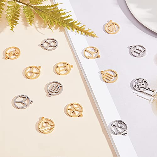 UNICRAFTALE 24pcs Zodiac Sign Charms Golden & Stainless Steel Color Round with Constellations Pendants Stainless Steel Pendants Metal Charms for Jewelry Making 18mm Long