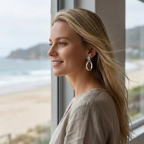 Turquoise Gemstone Stud Earrings Featuring Antique Silver Tone Engraved Hoop Style Turquoise Jewelry Dangle Accents With Oval Stones For Women Bohemian Fashion Daily Party Gifts