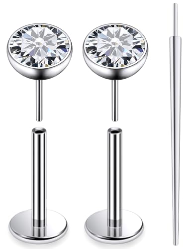20G 18G 16G F136 Titanium Threadless Flat Back Earrings Nose Studs Tragus Forward Helix Conch Cartilage Lobe Earrings Medusa Labret Snake Bite Monroe Lip Ring Piercing Jewelry For Women Men - size: 16G-8MM Bar-CZ 4MM