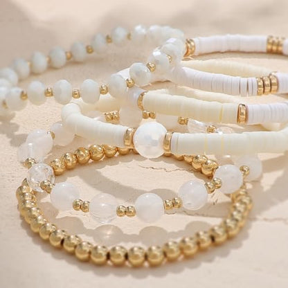 Boho Beaded Stretch Bracelets For Women Stackable Crystal Gold Plated Beaded Bracelets Set Trendy Handmade Friendship Braeclet Jewelry Gifts - color: F-XWhite 6pcs