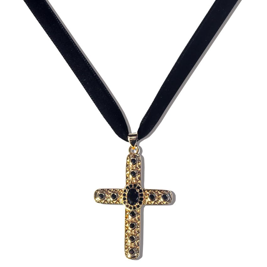 Gothic Velvet Choker Black Rhinestone Cross Pendant Necklace for Women Punk Vintage Suede Ribbon Collar Cubic Zirconia Crucifix Charm Adjustable Halloween Party Witch Cosplay Accessories Goth Jewelry