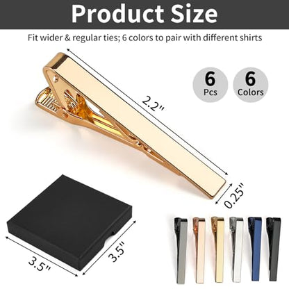 MOWPOG 6 Pcs Tie Clips for Men, Tie Bar Pins Tacks with Gift Box | Copper, Shiny & Glossy, for Father, Husband, Boyfriend, Business, Wedding, Suit Accessories, Easy to Open, Won't Fade/Scratch - color: silver/black/gray/rose gold/gold/deep blue