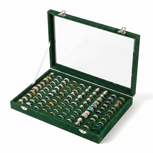 100 Slots Ring Organizer Tray,Velvet Ring Box with Clear Lid | Velvet Lining Provides Protection,Fits Rings of Various Sizes,Glass Lid Jewelry Tray,for Personal Use and Ring Display - color: Blackish Green
