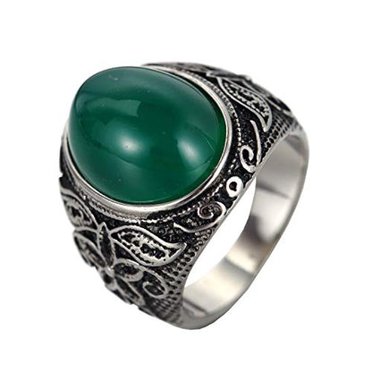 Retro Unisex Stainless Steel Oval Gemstone Hollow Flower Carved Signet Ring - color: Silver-Green