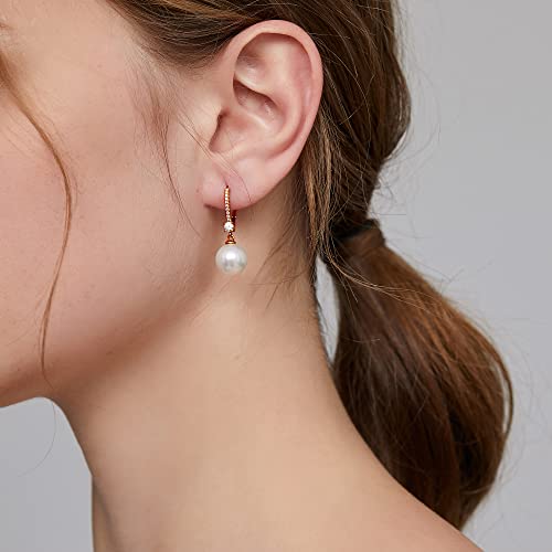 Pearl Dangle Drop Earrings for Women 925 Sterling Silver Pearl Leverback Earrings Cubic Zirconia Pearl Dangling Earrings 10MM - color: 3. Rose Color10mm