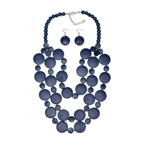 Colorful Wood Bead Necklace Earrings Set for Women Boho Jewelry | Multi Layers Statement Big Vintage Bib Female Chunky African Ethnic Pendant Rainbow Long Tribal Jewelry - color: NXR1447-navy