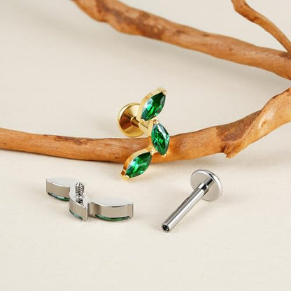 FINE4U 16G CZ Cluster Climber Cartilage Earring for Helix, Tragus - ASTM F136 Titanium Triple Marquise Labret Stud, Screw on Nickel Free Flat Back Jewelry - color: Triple Marquise - Green CZ - Gold