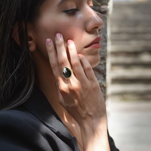 Crystal Ring for Women, Natural Rose Quartz Green Fluorite Ring for Her, Teardrop Shape Gemstone Ring, Handmade rose quartz Jewelry Adjustable Ring. - color: Obsidian