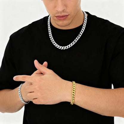 CaptainSteeL Cuban Bracelet for Men Stainless Steel Chain Link Bracelet | 8mm Width,7/7.5/8/9 Inch Length, Silver/18K Gold Plated,Men Bracelet,Waterproof Bracelet,Bithday ,Christmas gift - color: Cuban Chain Gold Plate, size: 9in