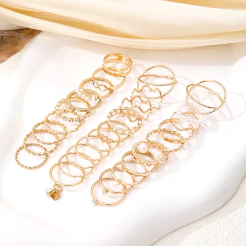 Golden Knuckle Rings Set for Women, 14k Golden Plated Open Stacking Knuckle Midi Rings Dainty Cubic Zirconia Crystal Simple Hollow Cute Rings Pack Jewelry Gifte - color: Golden 29PCS