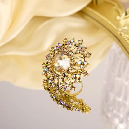 Elegant Big Crystal Ring for Women Gold Stacking Pearl Rhinestone Flower Rings Open Finger Adjustable Crystal Statement Ring Jewelry for Bridal Wedding - color: Crystal 6-gold