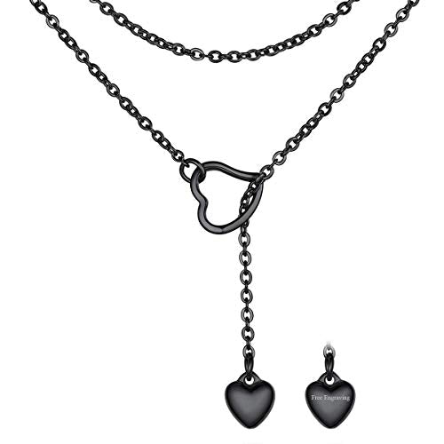FOCALOOK Heart Lariat Necklaces for Women, Long Slip Chain Necklace | Hypoallergenic 316L Stainless Steel Silver/Black/Gold Plated, Front Slider Closure, Non Tarnish, Layered look, Everyday Wear - color: 04:Black Heart-Custom