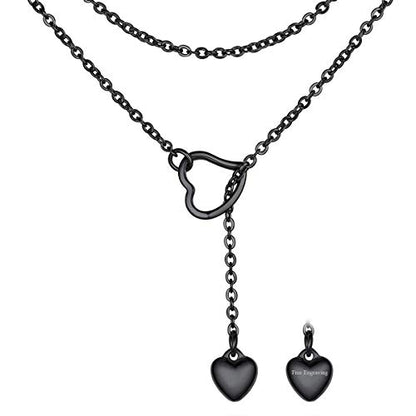 FOCALOOK Heart Lariat Necklaces for Women, Long Slip Chain Necklace | Hypoallergenic 316L Stainless Steel Silver/Black/Gold Plated, Front Slider Closure, Non Tarnish, Layered look, Everyday Wear - color: 04:Black Heart-Custom