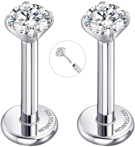 Threadless Flat Back Earrings for Tragus, Helix, Conch, Daith, Cartilage Piercings - G23 Titanium Flatback Stud Earrings with Grade AAAAA Cubic Zirconia - Threadless Flat Back Nose Stud Push Pin Ring Earring Studs (18g, 16g, 20g - 6mm, 8mm) - color: Silve