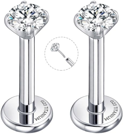 Threadless Flat Back Earrings for Tragus, Helix, Conch, Daith, Cartilage Piercings - G23 Titanium Flatback Stud Earrings with Grade AAAAA Cubic Zirconia - Threadless Flat Back Nose Stud Push Pin Ring Earring Studs (18g, 16g, 20g - 6mm, 8mm) - color: Silve