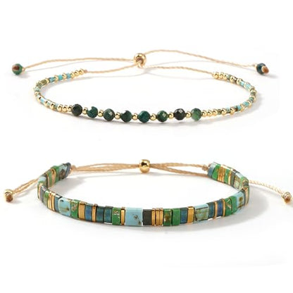 Tila Flat Beaded Stretch Bracelets for Women Stackable Gold Colorful Seed Beads Boho Bracelet Stack Adjustable Rope String Friendship Jewelry Trendy Holiday Gift - color: turquoise