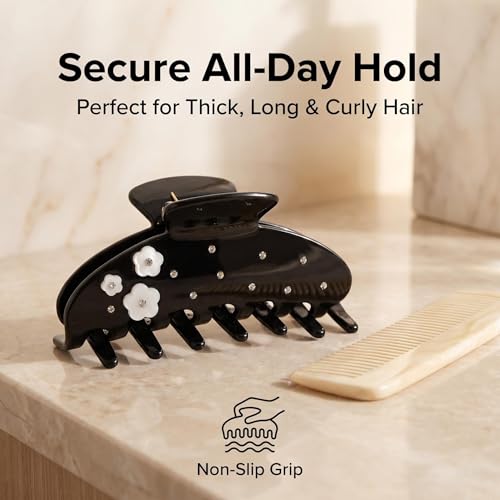 Black Hair Claw Clip with Flowers, 4 Inch Large Hair Clips for Women | Acetate Non-Slip Strong Hold, Jumbo Jaw Clips Accessories for Thick Heavy Curly Long Hair , Black Claw Clips - color: Black