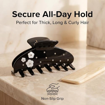 Black Hair Claw Clip with Flowers, 4 Inch Large Hair Clips for Women | Acetate Non-Slip Strong Hold, Jumbo Jaw Clips Accessories for Thick Heavy Curly Long Hair , Black Claw Clips - color: Black