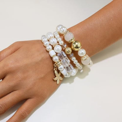 Bohemian Pearl Bracelet Set, 4 Piece Elastic Stretch Beaded Wrist Chain with Starfish Pendant, Boho Faux Pearl Multi-Color Stackable Bracelets for Women - color: Clear