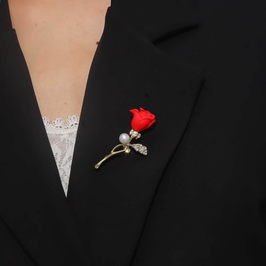 Rose Flower Brooch Pin for Women Fashion Dainty Gold Plated 3D Red Roses Floral Crystal Brooch Pin Birthday Dress Suit Accessories Jewelry - style: Rose Pearl 2