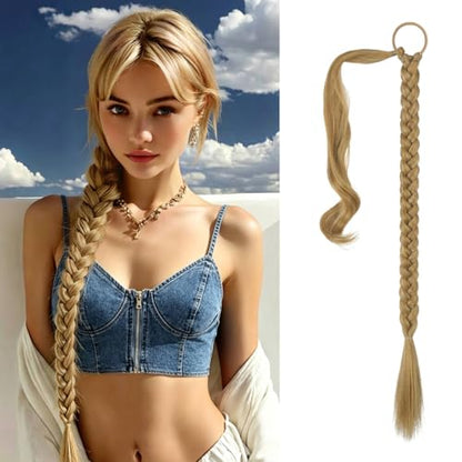Long Braid Ponytail Extension with Hair Tie Straight Sleek Wrap Around Hair Extensions Braid Pony Tail Fluffy Natural Soft Synthetic Hairpieces for Women Daily Wear, 26 inch - color: Blonde with Pale Gold Highlights, size: 26 Inch (Pack of 1)