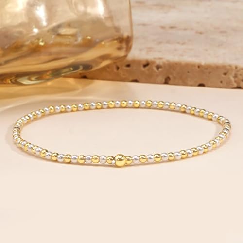14K Gold Plated Beaded Bracelets Stack Set for Women,Stretch Boho Ball Jewelry Friendship Trendy - color: Pink