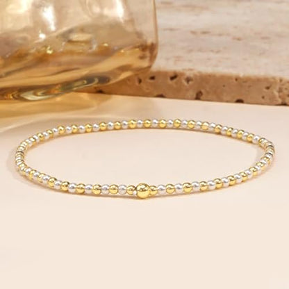14K Gold Plated Beaded Bracelets Stack Set for Women,Stretch Boho Ball Jewelry Friendship Trendy - color: Pink