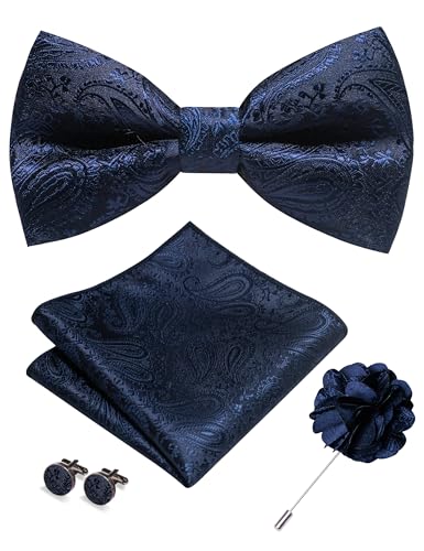 JEMYGINS Mens Paisley Bow Tie and Lapel Pin Necktie Pocket Square and Tie Clip with Sets for Business Casual 4PCS - color: Navy Blue