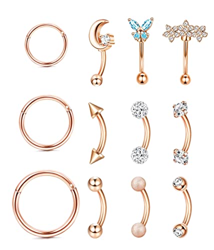 YACHY 11PCS/9PCS 16G Eyebrow Piercing Jewelry for Women Men, Eyebrow Rings Rook Earrings Rook Piercing Jewelry Belly Lip Ring Curved Barbells Eyebrow Piercing Cartilage Daith Helix Tragus Body Piercings - color: N-12Pcs-Rose Gold-6mm