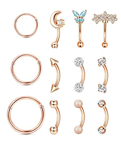 YACHY 11PCS/9PCS 16G Eyebrow Piercing Jewelry for Women Men, Eyebrow Rings Rook Earrings Rook Piercing Jewelry Belly Lip Ring Curved Barbells Eyebrow Piercing Cartilage Daith Helix Tragus Body Piercings - color: N-12Pcs-Rose Gold-6mm