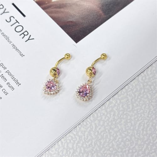 14G Heart and Waterdrop Dangle Belly Button Rings | Stainless Steel, Pink CZ, Dangle Charm Belly Rings, Navel Piercing Barbell, Body Piercing Jewelry - color: Gold