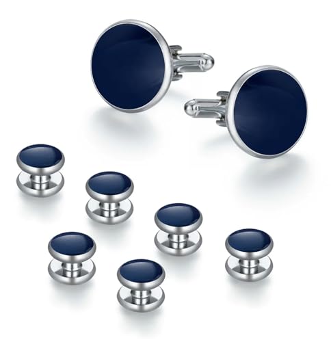 Tuxedo Studs and Cufflinks Set, Mens Cufflinks and Cuff Studs Set, Formal Shirt Buttons with Gift Box for Wedding Business Suit Accessories - color: Blue/Silver