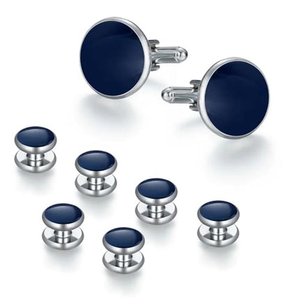 Tuxedo Studs and Cufflinks Set, Mens Cufflinks and Cuff Studs Set, Formal Shirt Buttons with Gift Box for Wedding Business Suit Accessories - color: Blue/Silver