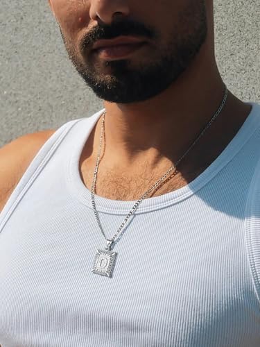 U7 Initial Letter Necklace for Men Women, 14K Gold/Silver Plated Square Capital Monogram Pendant Necklace from A-Z with 22+2 Inch Figaro Chain, Personalized Jewelry for Him - color: Silver, style: D