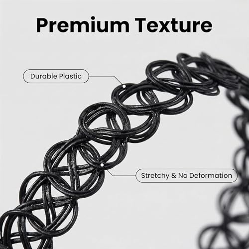 12PC Tattoo Choker Necklace Set- 90s Accessories 2000s Jewelry Fashion- Rainbow Goth Black White Blue Green Pink - Adjustable Stretchy Elastic Necklace for Women - color: black-12p