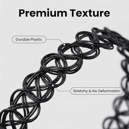 12PC Tattoo Choker Necklace Set- 90s Accessories 2000s Jewelry Fashion- Rainbow Goth Black White Blue Green Pink - Adjustable Stretchy Elastic Necklace for Women - color: black-12p