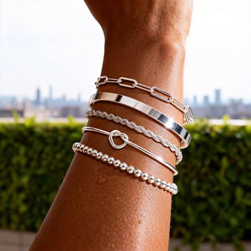 14K Gold Plated Stackable Bangle Bracelets Set for Women | Cuff Bracelet Stackable Bangles Bracelet for Women Trendy Fashion Accessories Tie Knot Cuban Rope Paperclip Beaded Bracelets - color: 5-layer A SL