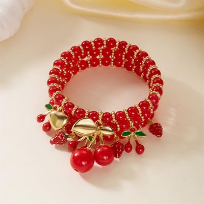 Red Cherry Beaded Bracelets Set for Women Stackable Layered Charm Bracelets Red Beaded Stretch Bracelet Cute Boho Statement Jewelry for Birthday Party Vacation Gift - color: 3PCS Set - Strawberry Cherry