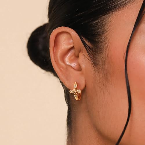 DREMMY STUDIOS Gold Dainty Huggie Hoop Earrings 18K Gold Plated Exquisite Open Tassel Dangle Charm Drop Sleeper Geometric Cross Coin Star Heart White CZ Simple Hypoallergenic Earrings for Women - color: CZ Cross-Hoop