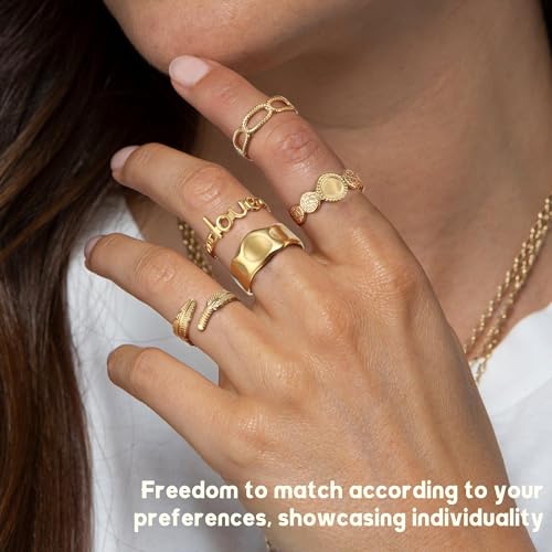 Besteel 18K Gold Plated Rings for Women, Stainless Steel Statement Rings Pack Stacking Boho Midi Rings Adjustable Open Ring Band Twisted Signet Rings Non Tarnish Gold Rings