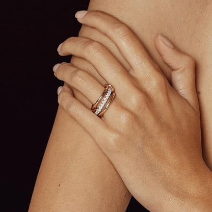 YOIHUR 14K Gold Plated Stackable Rings for Women Non Tarnish, 3 Ring Set with CZ Cubic Zirconia，Interlocked Stackable Rings，Gold and Silver Connected Bands Stacking Jewelry