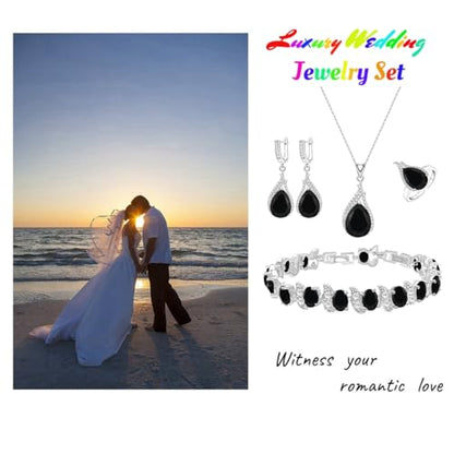 LMXXVJ Jewelry Set for Women,Teardrop Cubic Zirconia Necklace Earrings Adjustable Ring Bracelet Jewelry Set Formal Jewelry Gift - color: ZYSD-White Gold-Black