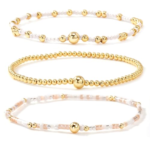 Gold Beaded Bracelet Stack for Women Colorful Small Seed Beads Bracelets Set Boho 14K Gold Plated Ball Stackable Stretch Non-Tarnish Dainty Jewelry Trendy Accessory Friendship Gift - color: pale pink and white